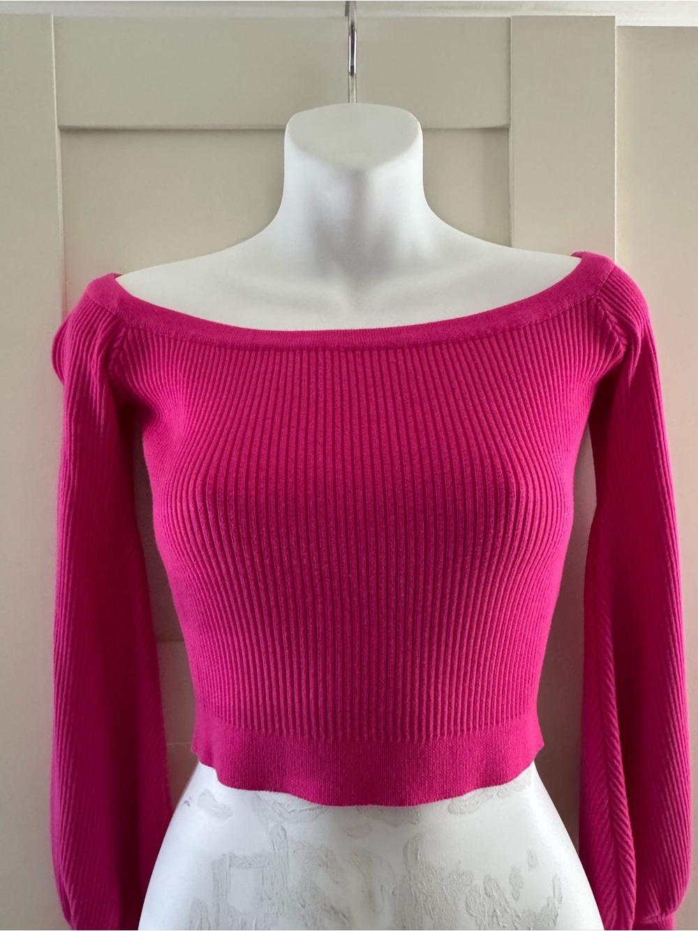 Fashion Nova Bright Pink Off-the-Shoulder Ribbed Crop Sweater